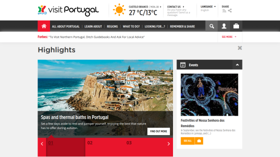 Visit Portugal homepage featuring highlights and current weather.