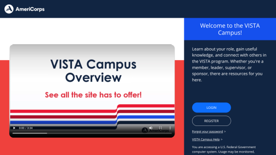 Overview of VISTA Campus with login and registration options visible.