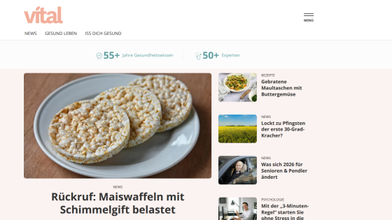 Homepage of Vital with rice cakes and health articles visible.