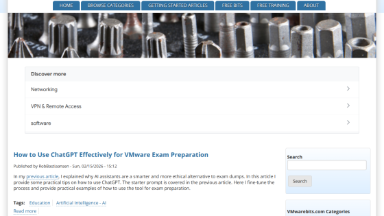 Article on using ChatGPT for VMware exam preparation with navigation links.