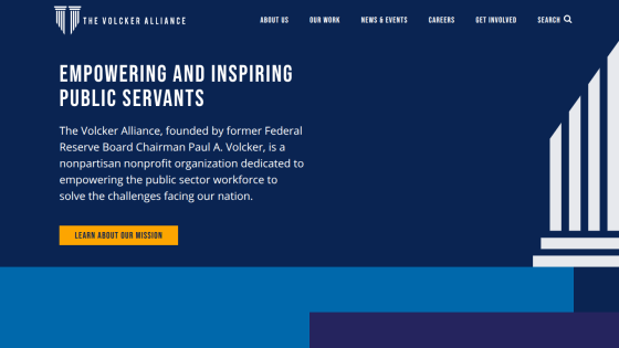The Volcker Alliance homepage with navigation and mission statement empowering public servants