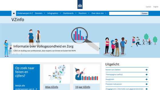 VZinfo homepage with health and care information, search bar, and featured links in Dutch
