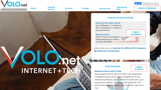 Volo.net homepage offering internet and tech services with fiber optic and wireless internet options and IT help