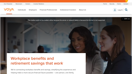 Voya's homepage highlighting workplace benefits and retirement savings with two women discussing.