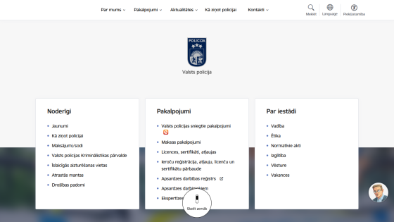 Latvian State Police website with navigation menu and service categories including news, payments, and organizational info