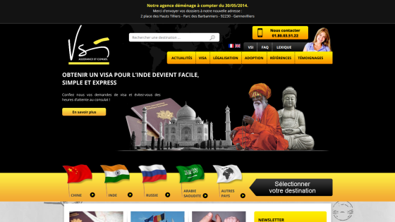 Visa application website with a call to action and images of passports and flags.