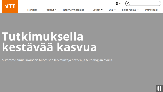 VTT website featuring a headline about sustainable growth and a brief description.