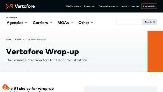 Vertafore Wrap-up product page with headline and subheadline for CIP administrators, navigation menu, and search bar.