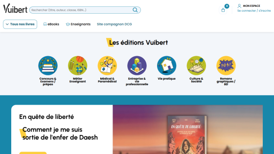 Vuibert editions homepage with categories and featured book 'En quête de liberté' about escaping Daesh