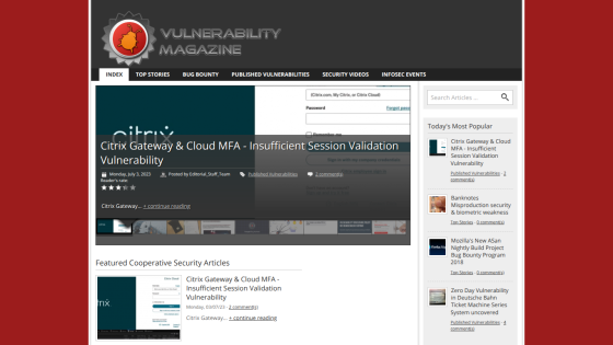Vulnerability Magazine homepage featuring articles and a search bar.