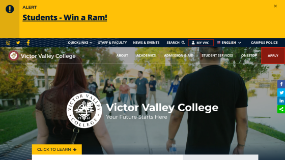 Victor Valley College homepage with alert banner, navigation menu, and hero section stating 'Your Future Starts Here'.