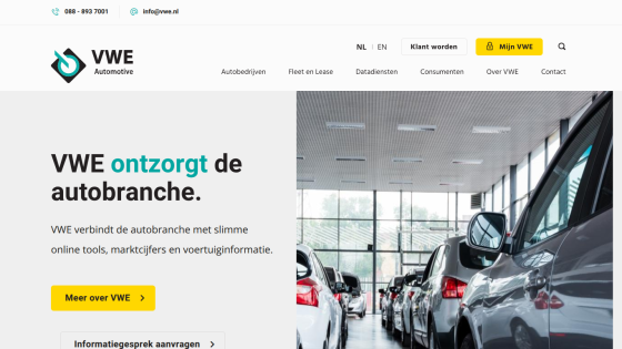 VWE Automatisering homepage with navigation, headline about automotive industry solutions, and image of cars in a showroom.