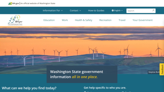Washington State government website with navigation and a hero section inviting user assistance.