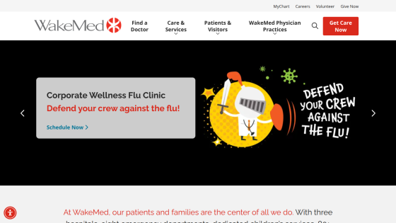 WakeMed homepage featuring a flu clinic promotion and navigation options.