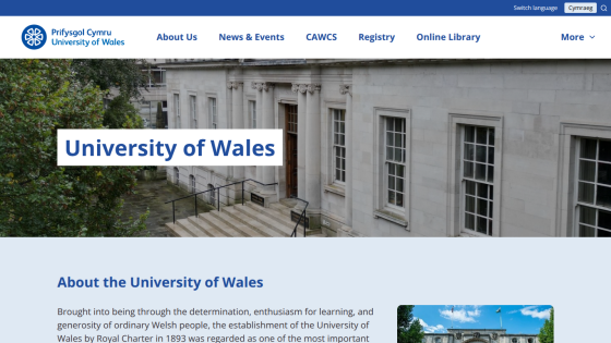 University of Wales homepage with navigation menu and introductory text about the university's establishment and history