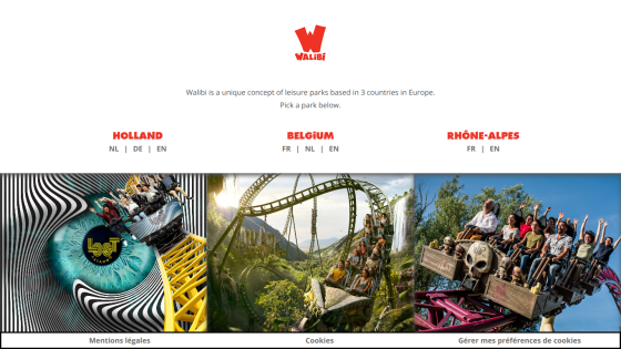 Walibi leisure parks homepage with options for Holland, Belgium, and Rhône-Alpes and images of roller coasters