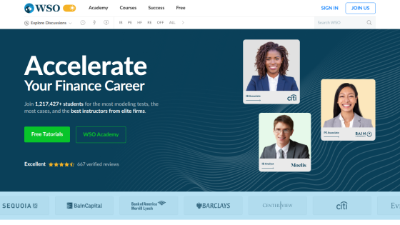 Homepage promoting finance career acceleration with testimonials and featured instructors.