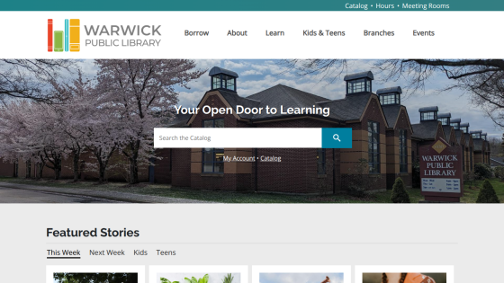 Warwick Public Library homepage featuring search bar and highlighted stories.