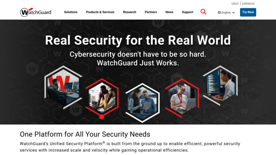 WatchGuard's homepage featuring cybersecurity solutions and a tagline about real-world security.