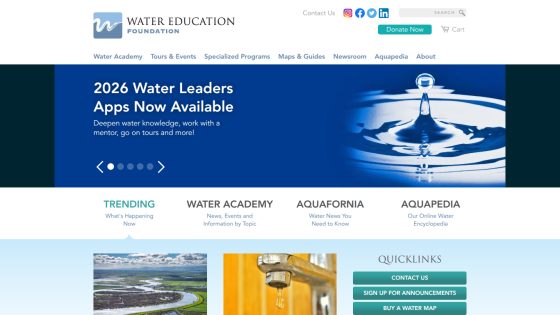 Water Education Foundation homepage with navigation, 2026 Water Leaders apps announcement, trending topics, and quick links.