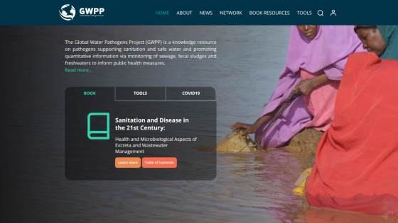 Global Water Pathogens Project homepage with navigation and featured book on sanitation and disease in the 21st century