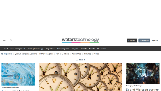 Waterstechnology homepage with navigation menu and latest articles on emerging technologies and finance