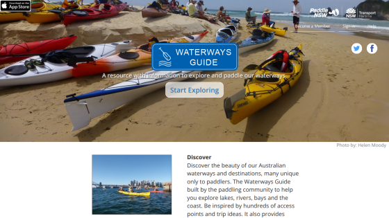 Homepage of Waterway's Guide featuring kayaks on a beach and a call to action to start exploring.