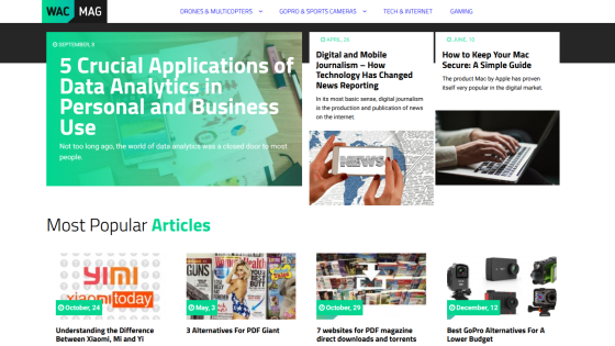 Homepage featuring articles on data analytics and technology with a navigation bar.