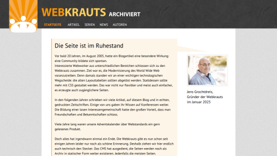 Website header with title 'WEBKRAUTS ARCHIVIERT' and introductory text about the site's status.