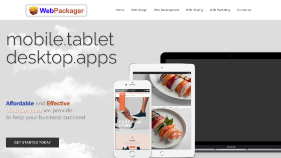 WebPackager homepage showcasing mobile, tablet, and desktop app services with images and call to action.
