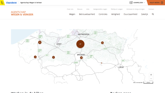 Map showing locations with markers and navigation menu for Wegen & Verkeer website