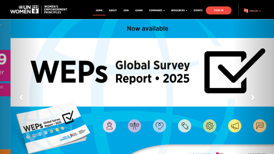 UN Women WEPs homepage announcing the Global Survey Report 2025 with navigation menu and sign in button