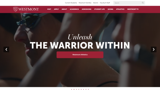 Westmont College homepage featuring the slogan 'Unleash the Warrior Within'.