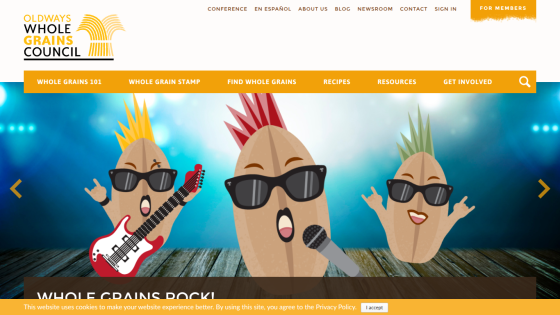 Whole Grains Council website featuring various grains and a message about gluten-free options.