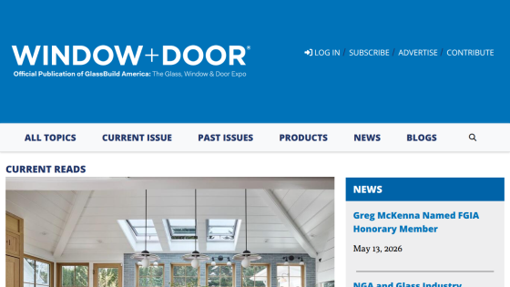 Homepage of Window + Door magazine featuring current reads and news updates.