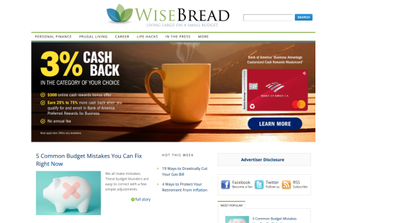 WiseBread homepage featuring a 3% cash back offer and budgeting tips.