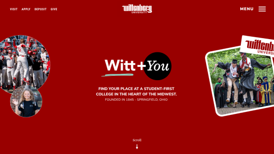 Wittenberg University homepage featuring 'Witt + You' and a call to find your place at a student-first college.