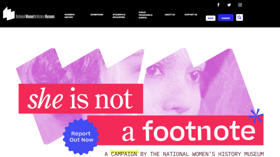 Campaign banner stating 'she is not a footnote' with a report button.