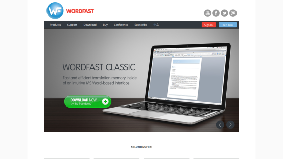 Wordfast Classic homepage featuring a laptop display and a call-to-action button.