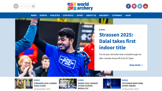 World Archery homepage featuring news about Dalal's first indoor title at Strassen 2025 with navigation menu and social icons