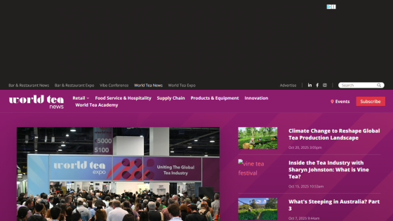 World Tea News homepage with navigation, event image, and recent articles on tea industry topics