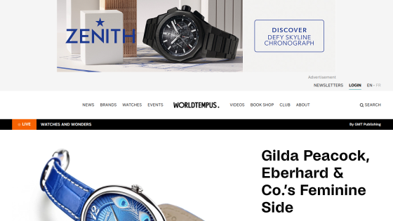 Zenith watch advertisement with a blue watch and article on feminine watch designs.