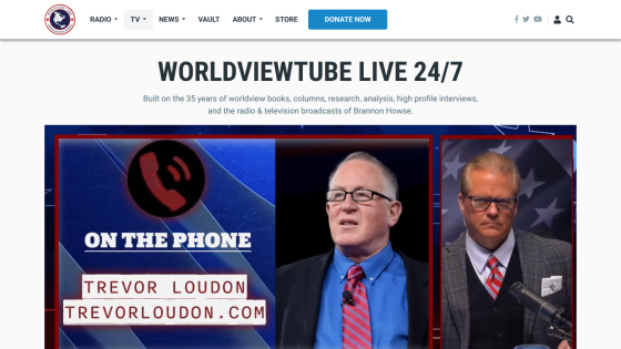 WorldviewTube Live 24/7 with hosts and logo, promoting worldview books, columns, and broadcasts by Brannon Howse