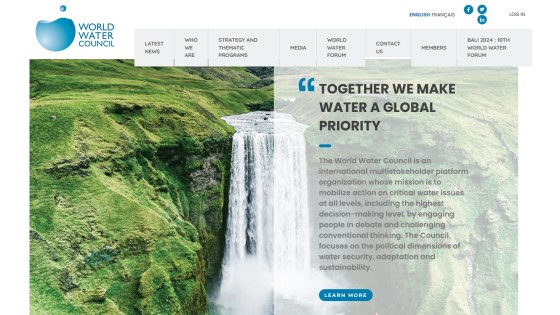 World Water Council homepage with waterfall background and mission statement on water as a global priority