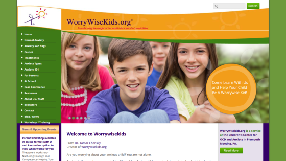 Homepage of WorryWiseKids.org featuring children and a welcome message.