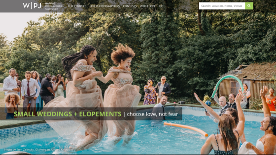 Wedding photography website hero with joyful group jumping into pool, tagline about small weddings and elopements