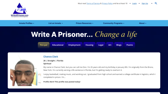 Profile page for Chance Clark, including personal details and interests.
