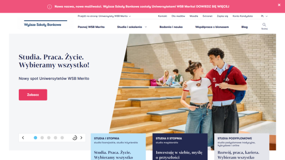 Homepage featuring students on steps with text about studies and life choices.