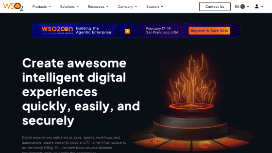 WSO2 homepage with headline about creating intelligent digital experiences and a futuristic glowing tech graphic