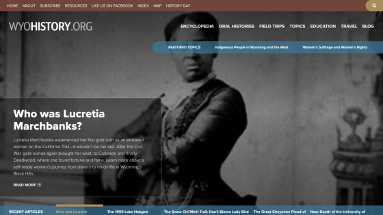 WyoHistory.org homepage featuring a historical photo and an article about Lucretia Marchbanks' journey from slavery to ranch life in Wyoming.